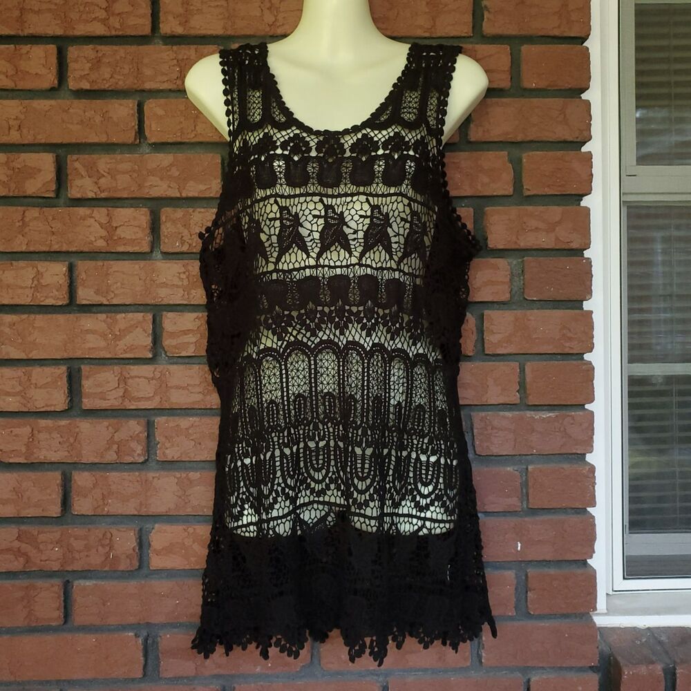 Black Crochet Tank Overlay Sz S / M Boho Butterfly Floral Dark Fairy Festival